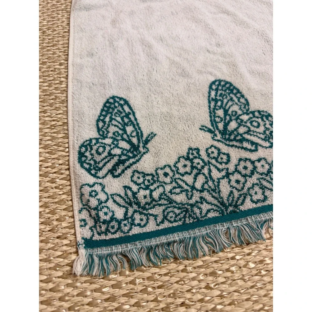 Vintage Teal Blue Butterfly Hand Towel Fringed Floral Cottagecore Retro Bath